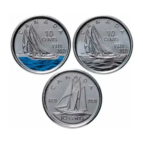 Канада набор из 3х монет 10 центов 2021 года - 100 лет шхуне Bluenose