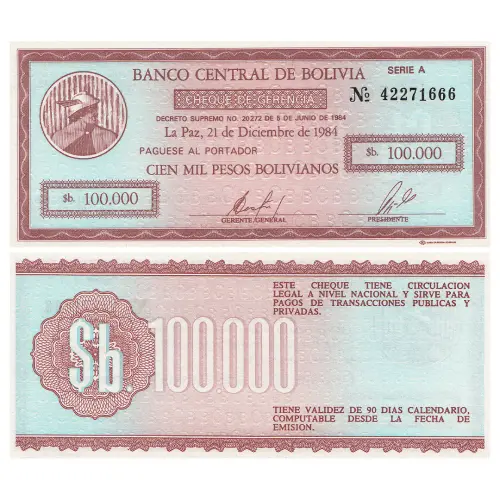 Боливия - Банкнота 100000 боливано 1984 года