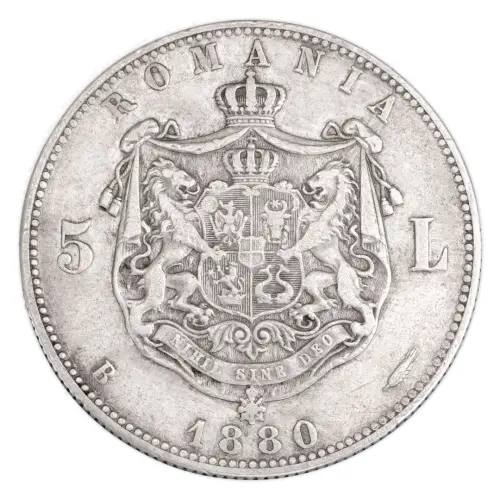 Румыния 5 леев 1880 года, Имя дизайнера рядом с гуртом_1